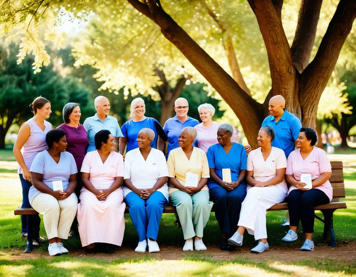 A diverse group of cancer patients and their families sharing hopeful moments together in a serene park setting, surrounded by blooming flowers and supportive signs. Show warm smiles, holding hands, and exchanging comforting words, with a soft golden light filtering through the trees. Include medical resources and books on a nearby bench to symbolize support. super-realistic. warm colors. natural background.